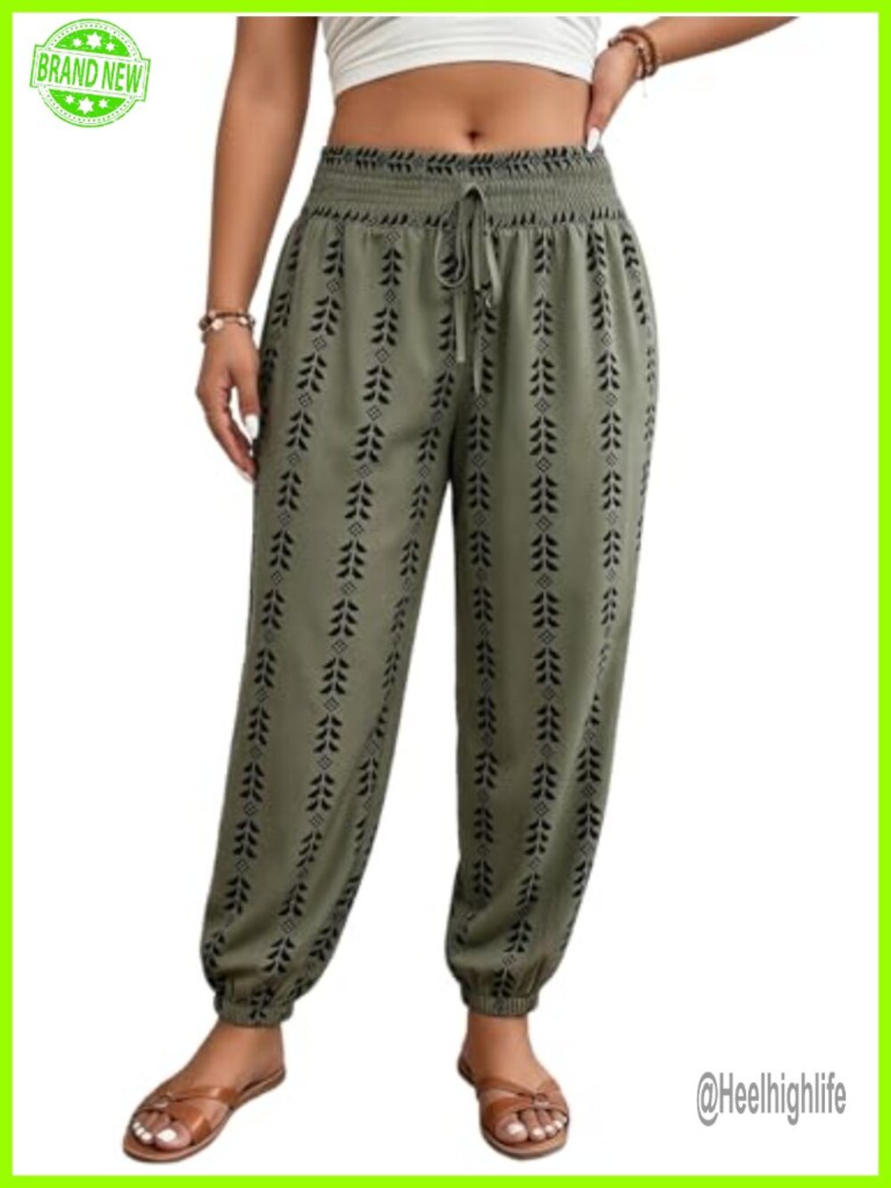 Plus Size Boho Print Harem Pants Tie Front High Elastic Waist Vintage Trousers